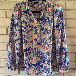 Talbots Floral Long Sleeve Blouse Ruffle Neckline